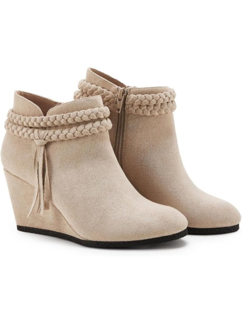 Women's Beige Wedge Ankle Boots Braided Fringe Strap Western Heeled Booties